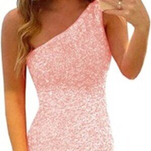 NWT Loyeloy pink/10/ gold tone sequin dress one shoulder/ stretchy/lined/Lavetir